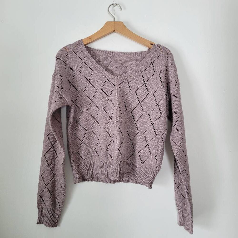 Mauve Pointelle Knit Sweater Size Small Balletcore Cottagecore V-Neck Lightweigh